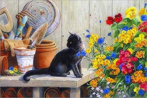 paint by numbers | Black Kitten In The Garden | advanced animals cats flowers | FiguredArt