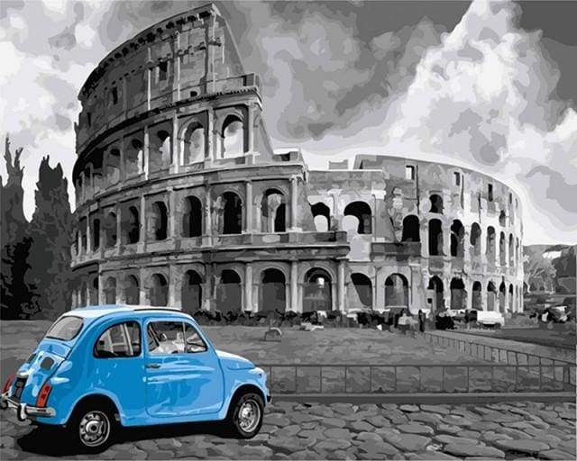paint by numbers | Blue Fiat and Coliseum | cities intermediate | FiguredArt