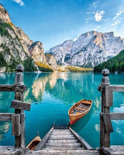 Load image into Gallery viewer, paint by numbers | Boat on the Mountain Lake | intermediate landscapes new arrivals ships and boats | FiguredArt