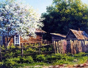 paint by numbers | Cabin and White Tree | advanced landscapes trees | FiguredArt