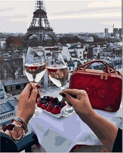 Load image into Gallery viewer, paint by numbers | Cheers with Eiffel Tower View | cities intermediate romance | FiguredArt