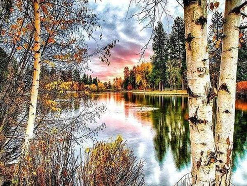 Diamond Painting | Diamond Painting - Birch trees and Lake | Diamond Painting Landscapes landscapes | FiguredArt