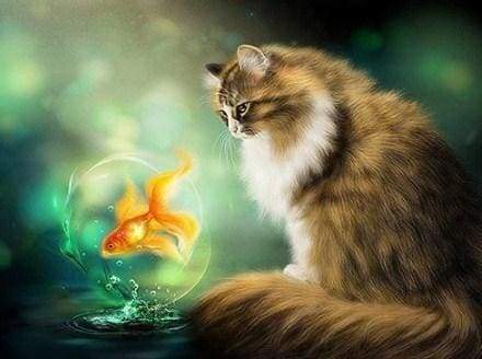 Diamond Painting | Diamond Painting - Cat and Goldfish | animals cats Diamond Painting Animals fish | FiguredArt