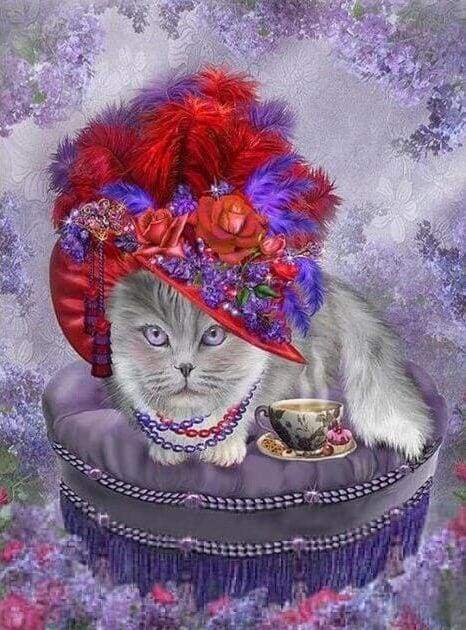 Diamond Painting | Diamond Painting - Cat with Hat and Necklace | animals cats Diamond Painting Animals | FiguredArt