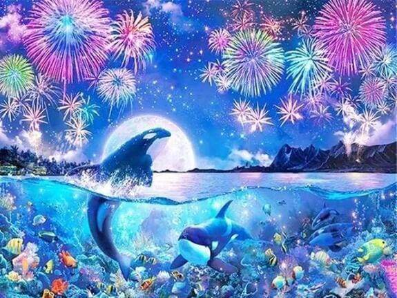 Diamond Painting | Diamond Painting - Dolphins and Fireworks | animals Diamond Painting Animals Diamond Painting Landscapes dolphins