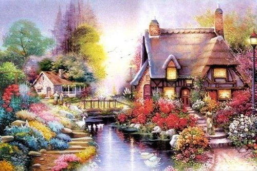 Diamond Painting | Diamond Painting - House and River | Diamond Painting Flowers flowers | FiguredArt