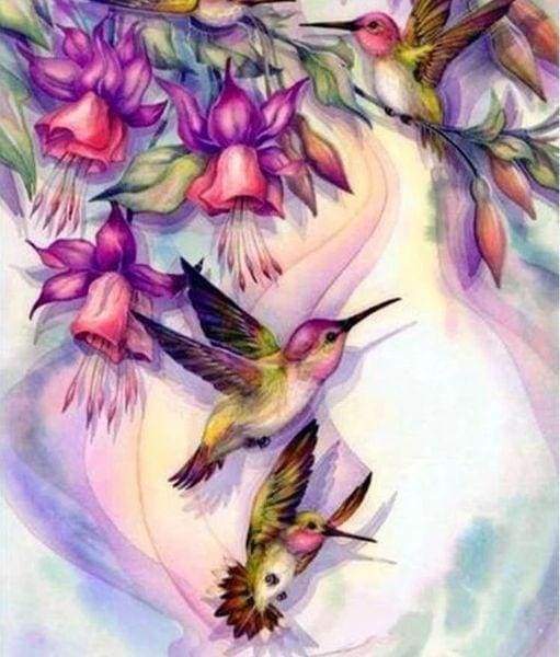 Diamond painting on canvas, Hummingbird canvas painting, Lit