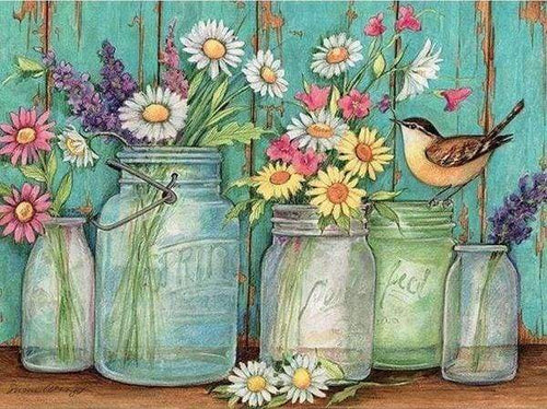 Diamond Painting | Diamond Painting - Vases and Bird | animals birds Diamond Painting Animals Diamond Painting kitchen kitchen | FiguredArt