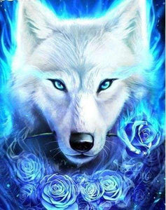 Diamond Painting | Diamond Painting - Wolf and Blue Roses | animals Diamond Painting Animals | FiguredArt