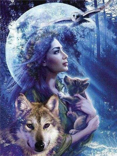 Diamond Painting | Diamond Painting - Women and Wolf | animals Diamond Painting Animals rabbits wolves | FiguredArt