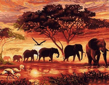 Load image into Gallery viewer, paint by numbers | Elephants at Sunset | animals elephants intermediate | FiguredArt
