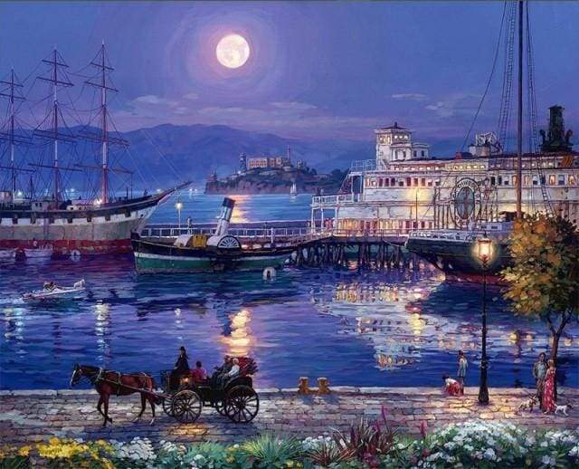 paint by numbers | Harbor by Night | advanced cities landscapes ships and boats | FiguredArt