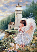 Load image into Gallery viewer, paint by numbers | Little Angel near the Lighthouse | advanced animals landscapes religion romance | FiguredArt