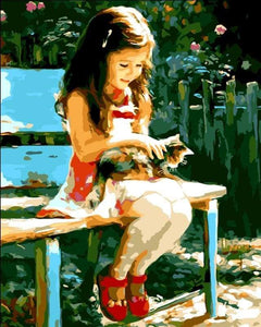 paint by numbers | Little Girl in the park with her cat | animals cats easy romance | FiguredArt