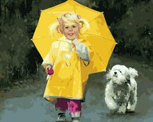 Load image into Gallery viewer, paint by numbers | Little Girl in Yellow and Small Dog | animals dogs intermediate portrait | FiguredArt