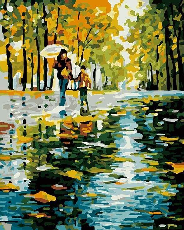 paint by numbers | Mother And Son In The Rain | intermediate landscapes trees | FiguredArt