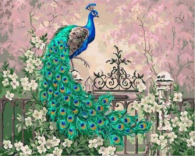 paint by numbers | Peacock and White Flowers | advanced animals peacocks | FiguredArt