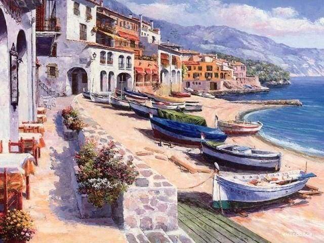 paint by numbers | Small Village in Spain | advanced landscapes ships and boats | FiguredArt