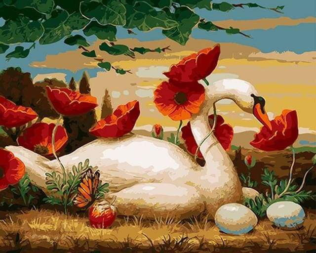 paint by numbers | Swan and Poppies | animals birds easy flowers swans | FiguredArt