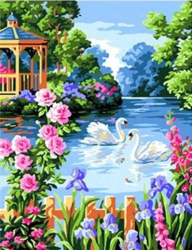 paint by numbers | Swan Lake on a Sunny Day | animals birds intermediate landscapes swans | FiguredArt