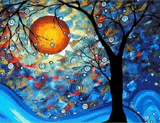 paint by numbers | Tree and Full Moon | intermediate trees | FiguredArt