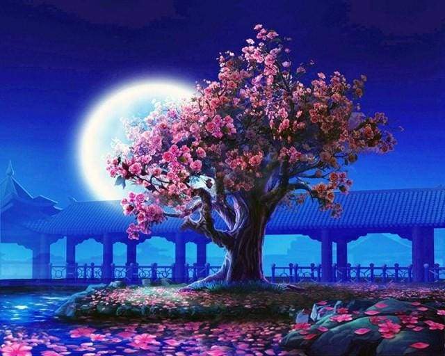 paint by numbers | Tree and large moon | flowers intermediate landscapes | FiguredArt